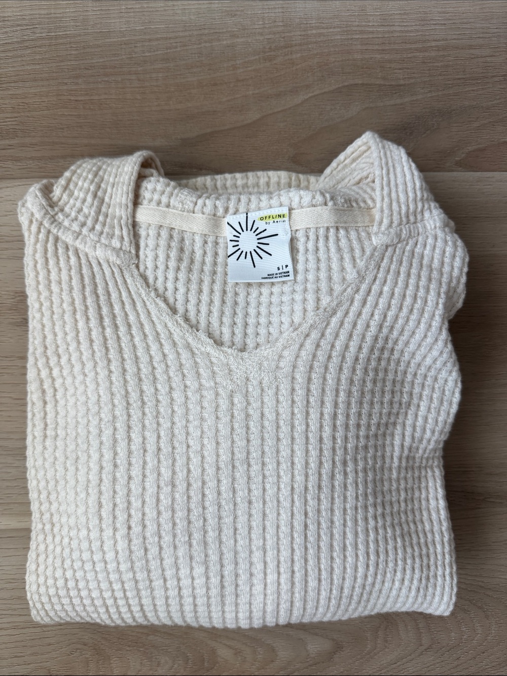 aerie Cream Waffle Knit V-Neck Hoodie